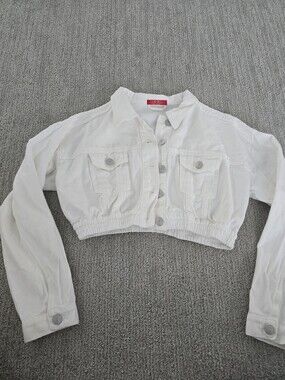 Cropped White Button-Up Denim Jacket 100% Cotton Elastic Waist